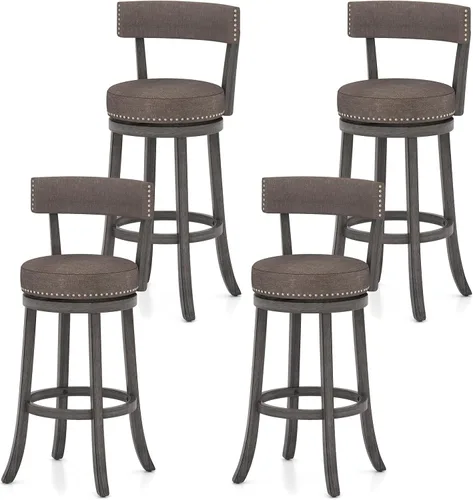 Vista 11 de COSTWAY Taburete de bar giratorio de 27 pulgadas, con respaldo acolchado y patas de madera de goma, silla de desayuno para isla de cocina