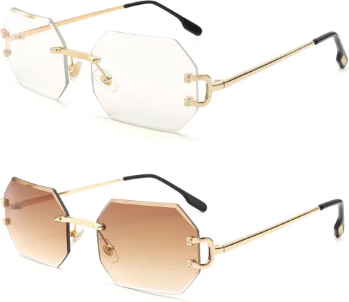 Vista 2 de Pro Acme Lentes de sol octágonos sin marco, de sombra rectangular, sin marco, para hombres y mujeres, lentes de moda teñidos
