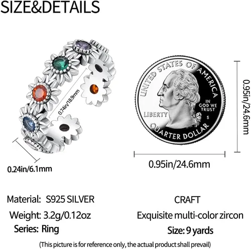 Vista 5 de Anillo de plata de ley 925 con extremo abierto, tallado, colorido, circonita, flor y pluma, anillo ajustable de plata esterlina