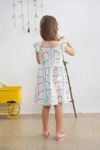 Vista 7 de Popshion Vestidos de niña con mangas con vuelo, vestido de verano para niños, fiesta de cumpleaños, sin mangas, vestido de 1 a 8 años