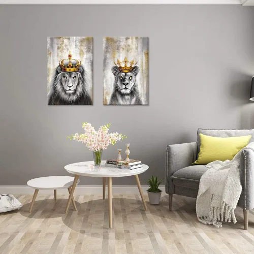 Vista 3 de Zlove Arte de pared de león y leona, pintura de rey y reina, carteles de animales de safari africanos para decoración de oficina en casa, 16 x 24