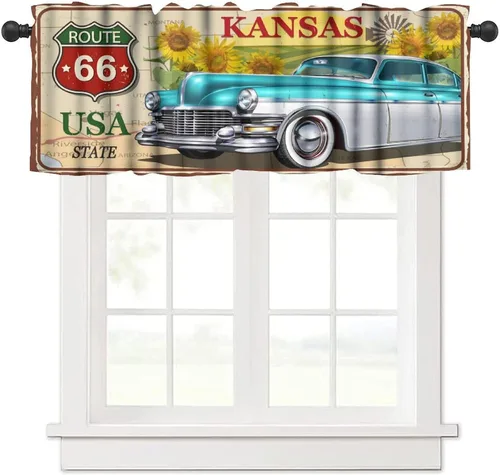 Vista 16 de Cortina de cenefas retro de los años 50, reparación de publicidad de automóvil, garaje, clásicos, bolsillo para barra, tratamientos de ventana corta