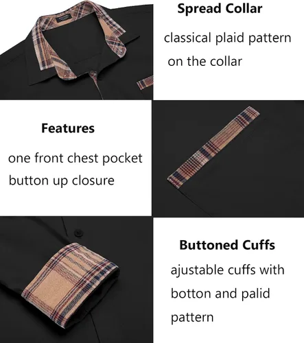 Vista 5 de COOFANDY - Camisa de vestir de algodón con mangas largas, botones y cuello a cuadros, de estilo casual, para hombres