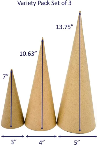 Vista 3 de Paper Mache Cone - Paquete variado de 3 unidades, 13.75 x 5, 10.63 x 4, 7 x 3 pulgadas.