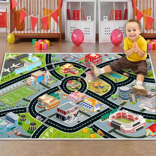 Vista 4 de Alfombra de Coches para Niños, Alfombra de Juego para Coches de Juguete y Tren, Alfombra de Juego de Tráfico Vial para Niños, Alfombra de Área