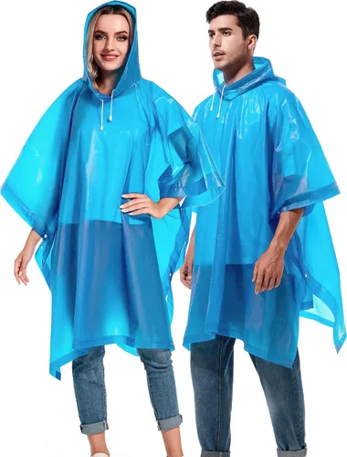 Vista 40 de Paquete de 2 ponchos de lluvia para adultos, reutilizables, impermeables, de supervivencia, emergencia, resistente, con capucha con cordón
