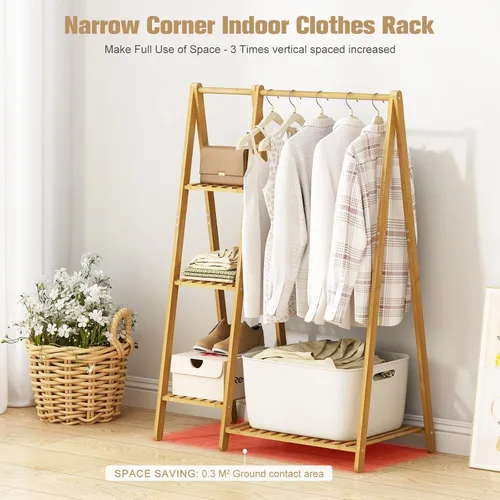 Vista 2 de Perchero pequeño de bambú, perchero de ropa para niños, mini perchero de madera con estantes, percheros cortos para disfraces para colgar paños