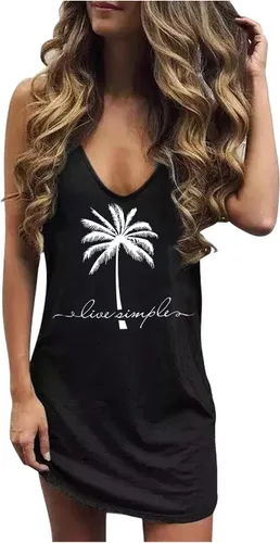 Vista 20 de CHUNTIANRAN Mini vestido para mujer, vestido hawaiano sin mangas para playa 1776 negro