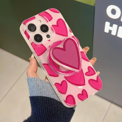 Vista 2 de Funda para iPhone 16 Pro Max, corazón rosa con agarre redondo para teléfono, compatible con soporte MagSafe para niñas y mujeres, funda protectora