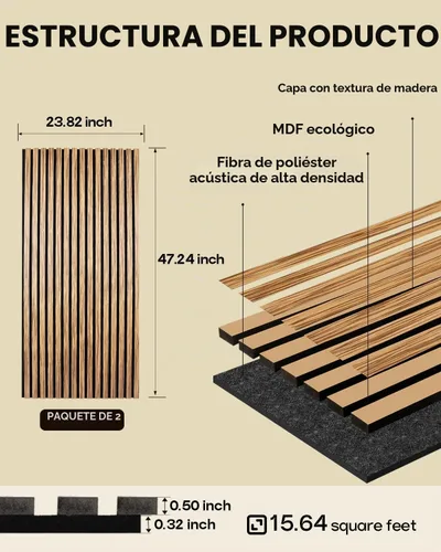 Vista 2 de Panel de pared de listones de madera, 2 paneles de madera insonorizados para pared y techo, paneles de pared de madera de 47.2 x 23.8 pulgadas