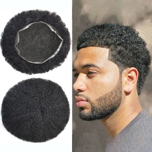 Vista 13 de Afro Toupee Hair Piece para hombres negros Encaje suizo completo Afro Hombres Toupee cabello humano rizado hombres onda unidades de cabello