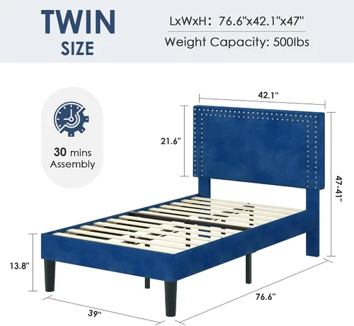 Vista 60 de VECELO Base de cama de plataforma de tamaño individual con cabecera tapizada de altura ajustable, base de colchón moderna, soporte de listones
