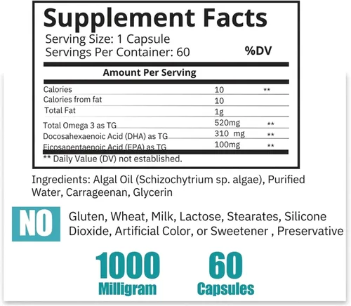 Vista 8 de Aceite de algas vegano Omega 3 DHA 410mg - Sin regusto a pescado, suministro para 60 días