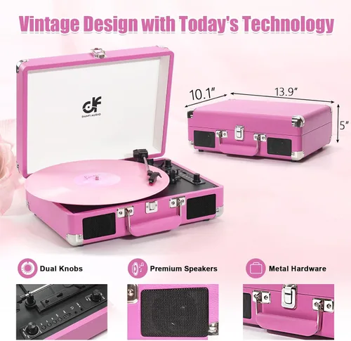 Vista 4 de Tocadiscos de vinilo Bluetooth, tocadiscos portátil vintage para maleta Rosa bebé