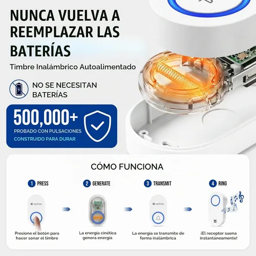 Vista 2 de Timbre inalámbrico autoalimentado sin necesidad de batería, timbre de puerta básico para el hogar
