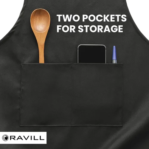 Vista 6 de Ravill Delantal negro con bolsillos para hombres y mujeres, delantales de trabajo de poliéster multiusos de 35 pulgadas de largo para cocinar