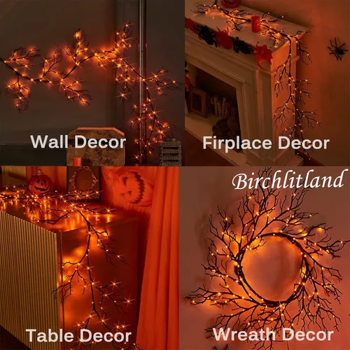 Vista 5 de Birchlitland - Guirnalda iluminada de Halloween de 6 pies con 120 luces LED bicolor naranja y morada, 8 funciones, luces de guirnalda negras