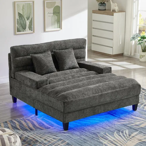 Vista 4 de Moderno sofá doble Chaise Longue con reposabrazos y respaldos irregulares, reposapiés con espacio de almacenamiento, sofá cama para sala de estar