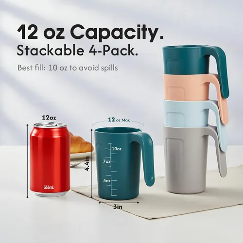 Vista 3 de zoeynex Vasos de plástico reutilizables (12 onzas) – Juego de 4 tazas de café de plástico irrompibles con asas Apto para lavavajillas y microondas