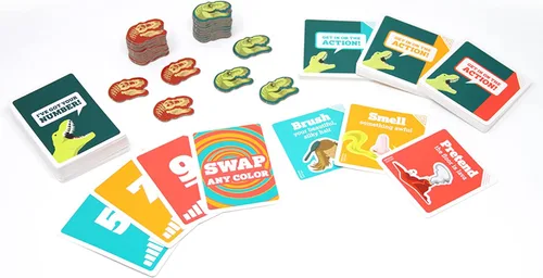 Vista 4 de Exploding Kittens En una escala de uno a T-Rex de 2 a 8 jugadores, a partir de 7 a 15 minutos para jugar, juego de cartas de actuación