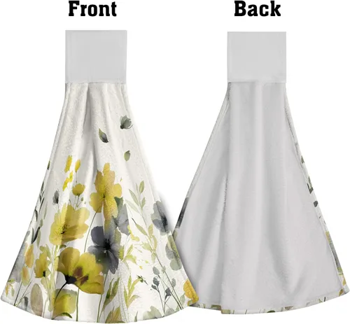 Vista 3 de Poppy Flower Hanging Hand Towels Set of 2,17x12 Inch Watercolor Chinoiserie Yellow Black Floral Soft Absorbent Dish Cloth Tie Towel for Kitchen