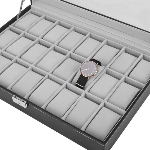 Vista 3 de JS NOVA JUNS Caja de reloj, 24 ranuras para hombre, organizador de relojes con cerradura y tapa acrílica grande, piel sintética negra
