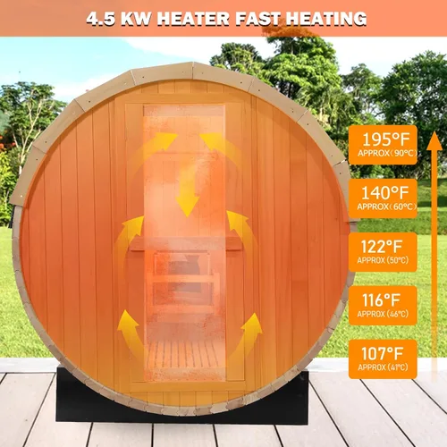 Vista 2 de Smartmak Sitio de sauna de barril de madera al aire libre, 4 personas Canadian Hemlock Garden Saunas de madera tradicionales con techo de asfalto