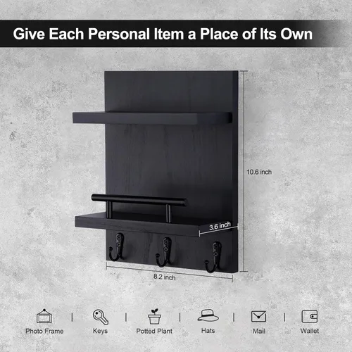 Vista 2 de Soporte de pared para llaves, decoración de estante de correo con 3 ganchos para llaves, organizador de pared de madera versátil para entrada