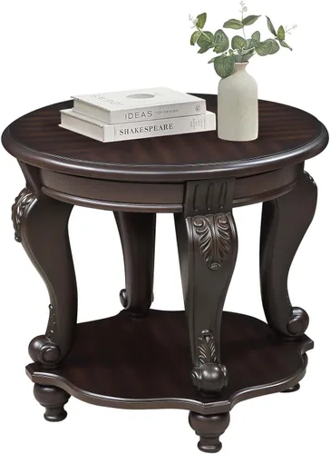 Vista 12 de Mesa de café ovalada de madera para sala de estar, mesa de café de dos niveles de madera maciza con estante de almacenamiento abierto, mesa