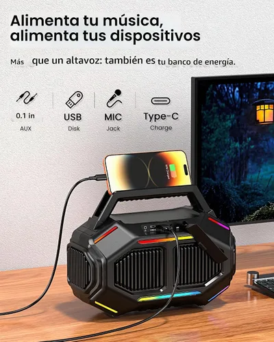 Vista 7 de ShellHome Altavoces Bluetooth 6.0 para exterior, altavoz potente de 80 W (máximo) con graves, 30 horas de reproducción, impermeable IPX6, luces RGB
