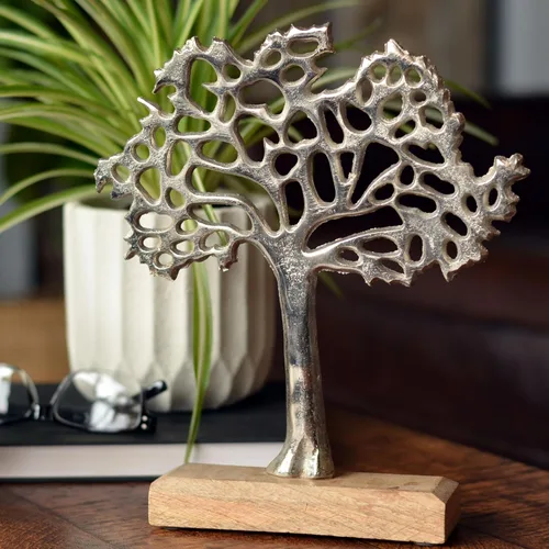 Vista 4 de WHW Whole House Worlds Figura icónica del árbol de la vida, hecha a mano, aluminio plateado, base de madera de mango, 9.75 pulgadas