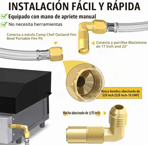 Vista 8 de Manguera de propano de conexión rápida de 6 pies para RV a parrilla a gas, manguera de propano de conexión rápida para RV de 1/4" hembra