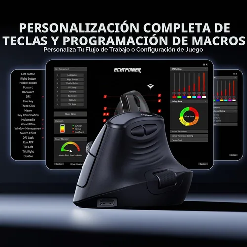 Vista 5 de ECHTPower Ratón Vertical Ergonómico, Ratón Inalámbrico Recargable con Pantalla LED, DPI Ajustable en 7 Niveles hasta 8000, Botones Silenciosos