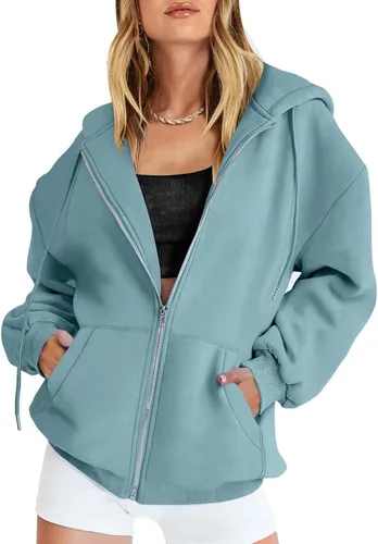 Vista 4 de Sudaderas con capucha con cremallera para mujer, holgadas, casuales, de gran tamaño, con cordón, Y2K con bolsillo, h,celeste