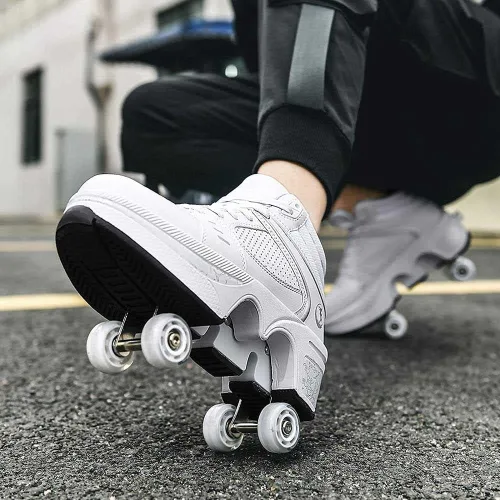 Vista 14 de Patines de ruedas para mujeres y hombres al aire libre, zapatos de parkour 2 en 1 con ruedas para niñas/niños, zapatos retráctiles de doble fila