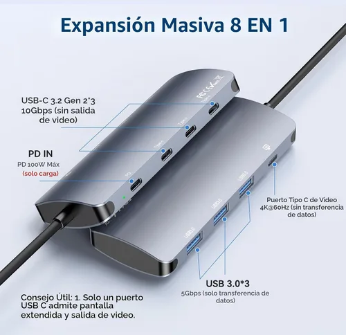 Vista 2 de Hub USB C de 10 Gbps, divisor USB C con salida de video 4K a 60 Hz, carga PD de 100 W, transferencia de datos, extensor adaptador USB 4 multipuerto