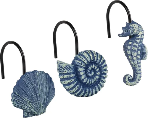 Vista 8 de Sunlit - 12 piezas de ganchos para cortina de ducha azul agua resina, diseño costero de criaturas oceánicas, decoración náutica para baño