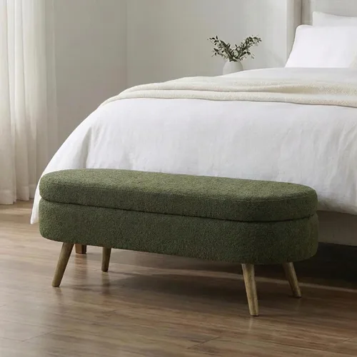 Vista 14 de 43.5” Storage Ottoman Bench，Upholstered Oval End of Bed Bench for Bedroom Beige