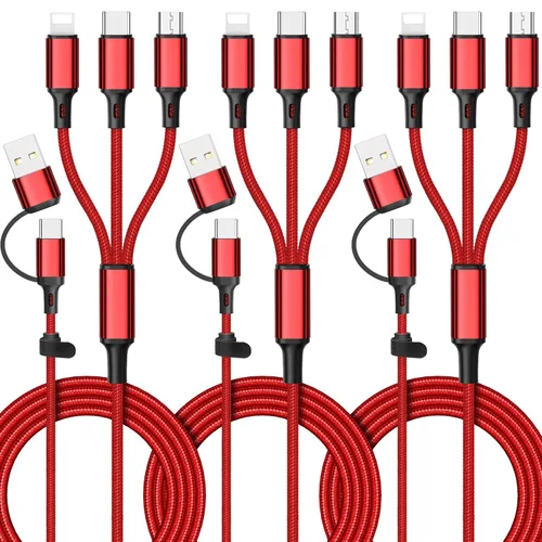 Vista 10 de Cable de carga múltiple 6 en 1 [3 unidades de 4 pies] Cable de carga rápida de nailon trenzado múltiple USB A/C a teléfono USB C/Micro USB/i-P Cable