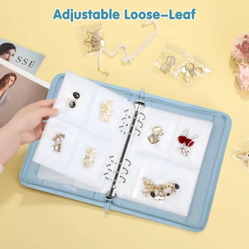 Vista 5 de Estuche organizador de viaje para joyas, libro portátil de piel sintética con bolsillos transparentes con cremallera para collares, aretes, pulseras