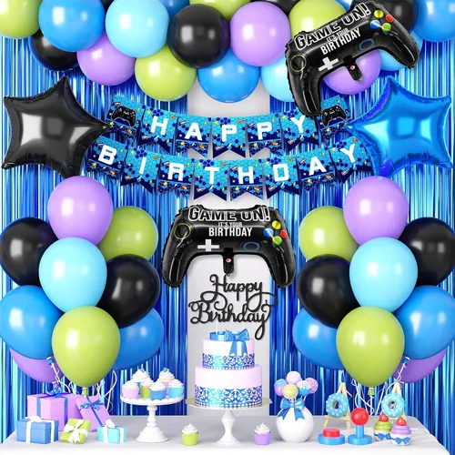 Vista 10 de Decoraciones de cumpleaños azul marino y negro para hombres, globo de confeti negro y azul con pancarta de "Happy Birthday", cortinas con flecos