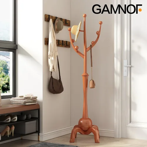 Vista 9 de Perchero independiente de madera con 8 ganchos de madera para sombrero, abrigo de árbol con base de esfera resistente y ganchos de ramas de árbol