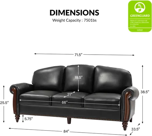 Vista 2 de HULALA HOME Sofá de cuero genuino de 3 plazas, sofá tradicional para sala de estar con patas de madera maciza talladas, color negro