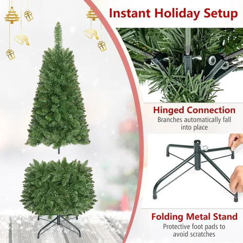 Vista 6 de Goplus Árbol de Navidad de Lápiz Preiluminado de 4.5 pies, Abeto con Bisagras de Alta Calidad, con Luces LED Blancas Cálidas y Soporte de Metal Verde