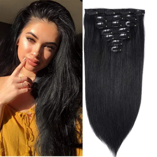 Vista 13 de Extensiones de cabello humano con clip de 14 pulgadas, 4.33 oz, 7 piezas, 16 clips, color marrón chocolate, doble trama, extensiones de cabello Remy