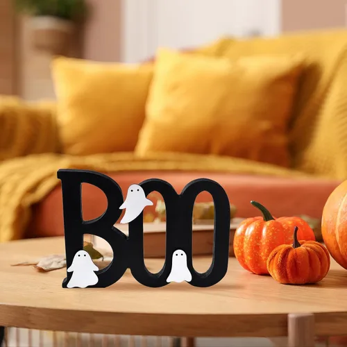 Vista 6 de Ovootok Wooden Boo Sign Halloween Table Decorations Cute Ghost Decor Indoor Halloween Decor Indoor 3-Layer Wooden BOO Sign with Cute White Ghosts