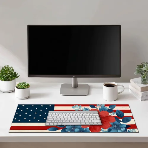 Vista 2 de HOMETITUTE Alfombrilla para mouse de 31.5 x 11.8 pulgadas, con bandera estadounidense, floral, XL, grande, extendida, para teclado, computadora