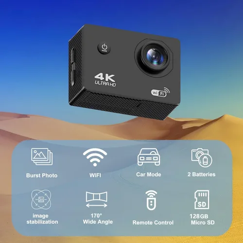 Vista 2 de Cámara de acción WiFi 4K 30FPS con tarjeta de memoria de 128 GB, cámara subacuática Ultra HD impermeable de 98 pies, pantalla de gran angular
