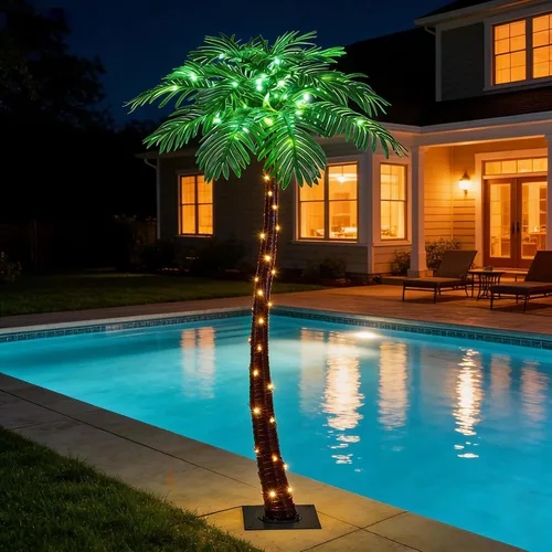 Vista 7 de Lightshare Palmera de 5 pies con 96 luces LED, decoración artificial para Tiki Bar al aire libre, patio, porche, piscina, Navidad