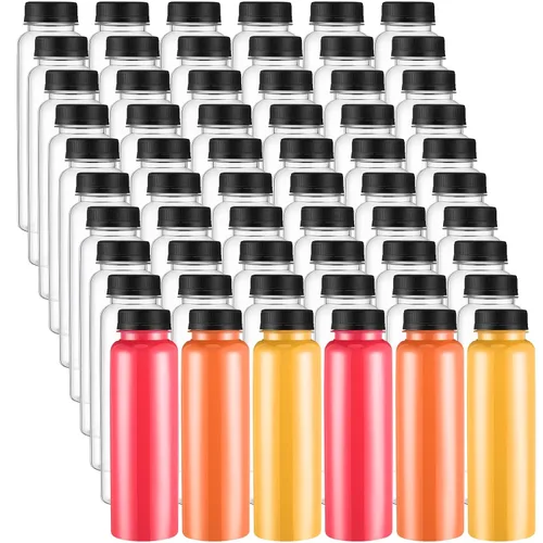 Vista 8 de Tanlade - Paquete de 200 botellas de plástico para jugo con tapas reutilizables, 8 onzas, color negro Empty PET Drink Containers, Leak-proof Lids